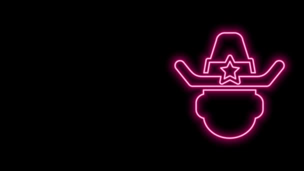 Gloeiende neon lijn Sheriff cowboy hoed met ster badge pictogram geïsoleerd op zwarte achtergrond. Politieagent. 4K Video motion grafische animatie — Stockvideo