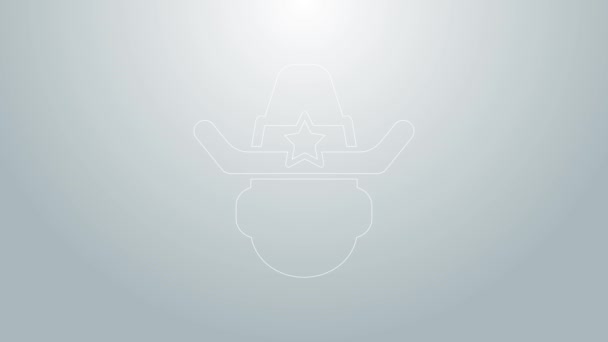 Sombrero vaquero Sheriff de línea azul con icono estrella de la insignia aislado sobre fondo gris. Oficial de policía. Animación gráfica de vídeo 4K — Vídeo de stock