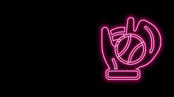 Glowing neon line sarung tangan Baseball dengan ikon bola terisolasi pada latar belakang hitam. Animasi grafis gerak Video 4K — Stok Video