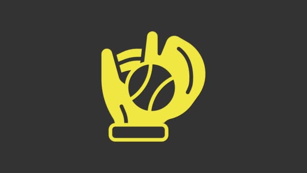 Žlutá baseballová rukavice s kuličkovou ikonou izolovanou na šedém pozadí. Grafická animace pohybu videa 4K — Stock video