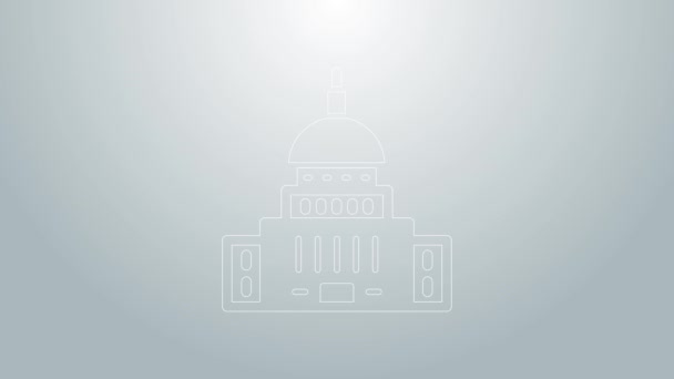 Blue line White House icon isolated on grey background. Washington DC. 4K Video motion graphic animation — Stock Video