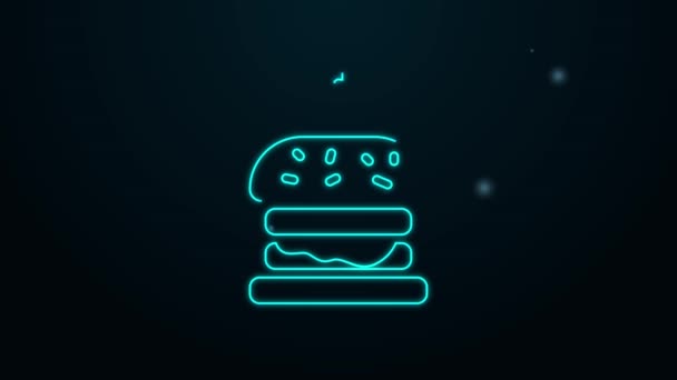 Leuchtende neonfarbene Burger-Ikone auf schwarzem Hintergrund. Hamburger Ikone. Cheeseburger Sandwich-Schild. Fast Food Menü. 4K Video Motion Grafik Animation — Stockvideo