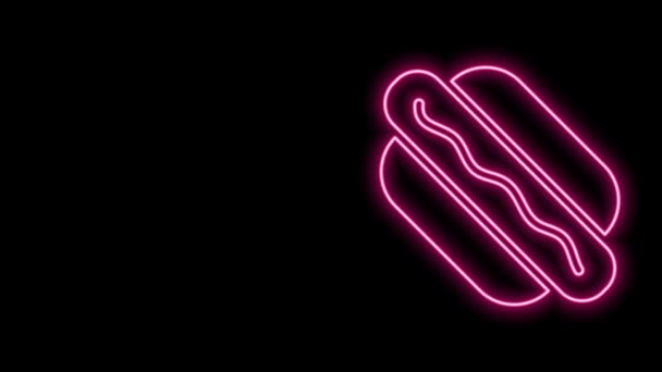 Glowing neon line Hotdog sandwich icon isolated on black background. Sausage icon. Fast food sign. 4K Video motion graphic animation — Stock Video