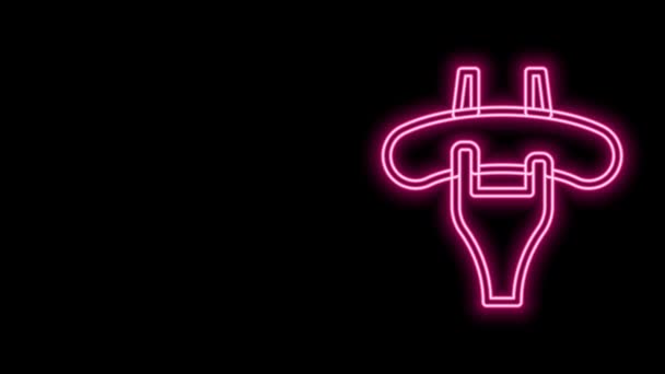 Linea neon incandescente Salsiccia sull'icona della forchetta isolata su sfondo nero. Salsiccia alla griglia e aroma segno. Animazione grafica 4K Video motion — Video Stock