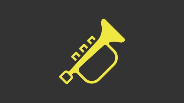 Желтый музыкальный инструмент икона трубы изолированы на сером фоне. Видеографическая анимация 4K — стоковое видео