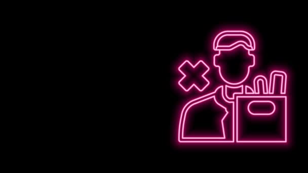 Glowing neon line Dismissed sad young man carrying box with his personal belonging leaving his job icon isolated on black background. Employee fired from work. 4K Video motion graphic animation — Stock Video