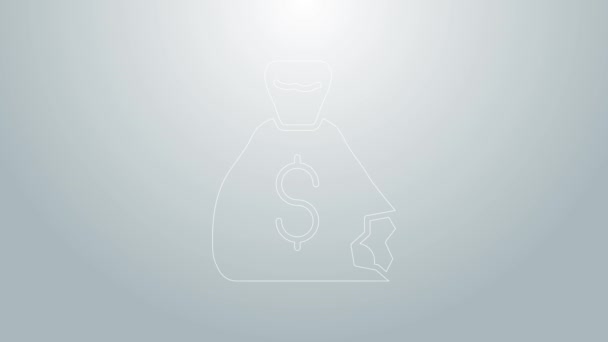 Línea azul Icono de bolsa de dinero aislado sobre fondo gris. Dólar o símbolo USD. Signo de moneda bancaria en efectivo. Animación gráfica de vídeo 4K — Vídeo de stock