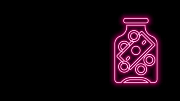 Ragyogó neon vonal Üveg pénzes üveg érme ikon elszigetelt fekete háttérrel. Ikonmegtakarítás vagy pénzfelhalmozás, befektetés. 4K Videó mozgás grafikus animáció — Stock videók