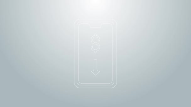 Modrá čára Mobilní obchodování s akciemi ikona izolované na šedém pozadí. Online obchodování, analýza akciového trhu, obchod a investice. Grafická animace pohybu videa 4K — Stock video
