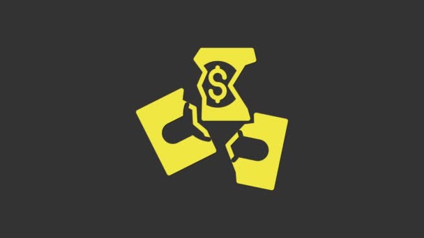 Banconota gialla strappando via la banconota in tre simboli di pace isolati su sfondo grigio. Animazione grafica 4K Video motion — Video Stock