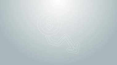 Mavi çizgi dolar oranı azaltma simgesi gri arkaplanda izole edildi. Maliyet düşüşü. Aşağı ok ile para sembolü. İş kaybı kriz azalıyor. 4K Video hareketli grafik canlandırması