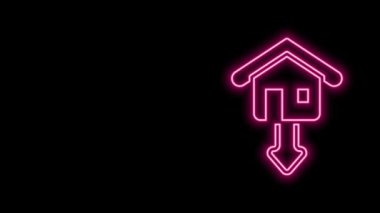 Parlayan neon hattı mülkiyet ve konut piyasası çöküşü simgesi siyah arka planda izole edildi. Düşen emlak fiyatları. Gayrimenkul hisse senedi riski veya ekonomik durgunluk. 4K Video hareketli grafik canlandırması