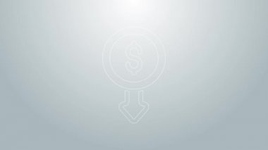 Mavi çizgi dolar oranı azaltma simgesi gri arkaplanda izole edildi. Maliyet düşüşü. Aşağı ok ile para sembolü. İş kaybı kriz azalıyor. 4K Video hareketli grafik canlandırması