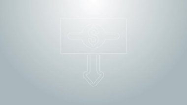 Mavi çizgi dolar oranı azaltma simgesi gri arkaplanda izole edildi. Maliyet düşüşü. Aşağı ok ile para sembolü. İş kaybı kriz azalıyor. 4K Video hareketli grafik canlandırması