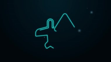 Parlayan neon hattı uyarı uçağı simgesi siyah arkaplanda izole edildi. Bozuk uçak. Yasak bölgede uçmak. Uçak taşımak ve seyahat etmek yasaktır. 4K Video hareketli grafik canlandırması