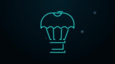 Parlayan neon hattı kutusunun paraşüt ikonu üzerinde uçuşu siyah arka planda izole edildi. Nakliye için paraşütlü paket. Teslimat servisi, hava taşımacılığı. 4K Video hareketli grafik canlandırması
