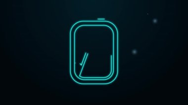 Parlayan neon hattı uçak pencere simgesi siyah arkaplanda izole edildi. Uçak lombozu. 4K Video hareketli grafik canlandırması