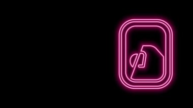 Parlayan neon hattı uçak pencere simgesi siyah arkaplanda izole edildi. Uçak lombozu. 4K Video hareketli grafik canlandırması