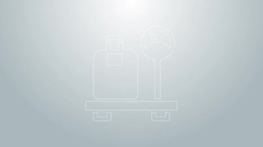 Gri arkaplanda izole edilmiş bavul simgesiyle mavi çizgi ölçeklendirmesi. Lojistik ve teslimat. Dağıtım paketinin ağırlığı bir ölçekte. 4K Video hareketli grafik canlandırması