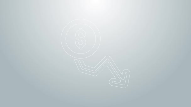 Mavi çizgi dolar oranı azaltma simgesi gri arkaplanda izole edildi. Maliyet düşüşü. Aşağı ok ile para sembolü. İş kaybı…