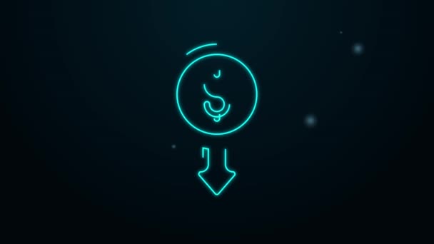 Glowing neon line Dollar rate decrease icon isolated on black background. Cost reduction. Money symbol with down arrow. Business lost crisis decrease. 4K Video motion graphic animation — Stock Video