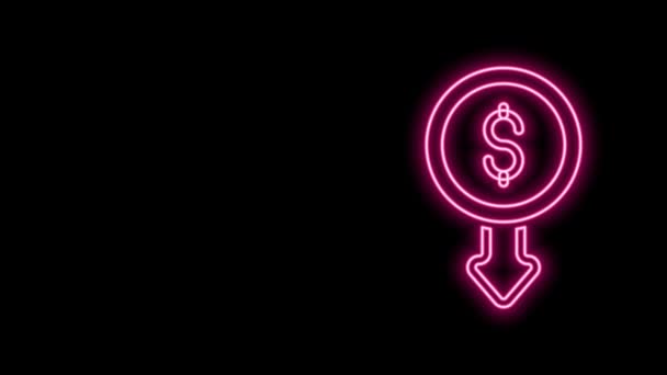 Leuchtende Neon-Linie Dollarkurs Abnahme Symbol isoliert auf schwarzem Hintergrund. Kostensenkung. Geld-Symbol mit Pfeil nach unten. Das Geschäft ging krisenbedingt zurück. 4K Video Motion Grafik Animation — Stockvideo