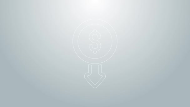 Mavi çizgi dolar oranı azaltma simgesi gri arkaplanda izole edildi. Maliyet düşüşü. Aşağı ok ile para sembolü. İş kaybı…