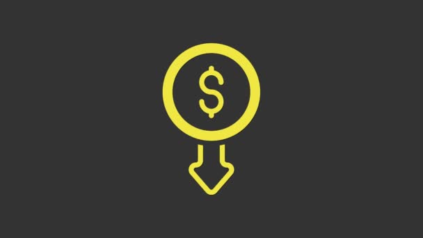 Gele Dollar rate daling pictogram geïsoleerd op grijze achtergrond. Kostenverlaging. Geld symbool met pijl naar beneden. Het aantal verloren zaken neemt af. 4K Video motion grafische animatie — Stockvideo