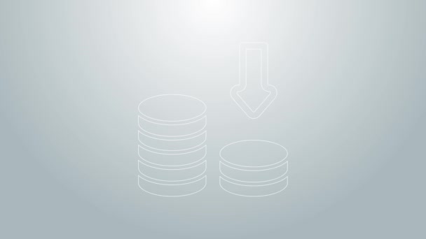 Blue line Dollar rate decrease icon isolated on grey background. Cost reduction. Money symbol with down arrow. Business lost crisis decrease. 4K Video motion graphic animation — Stock Video