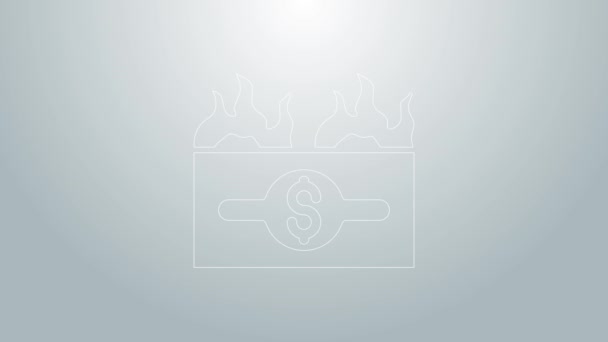 Blue line Burning dollar bill icon isolated on grey background. Dollar bill on fire. Burning of savings. 4K Video motion graphic animation — Stock Video