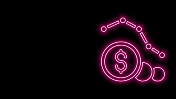 Gloeiende neon lijn Dollar rate daling pictogram geïsoleerd op zwarte achtergrond. Kostenverlaging. Geld symbool met pijl naar beneden. Het aantal verloren zaken neemt af. 4K Video motion grafische animatie — Stockvideo