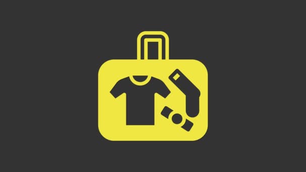 Yellow Suitcase for travel icon isolated on grey background. Traveling baggage sign. Travel luggage icon. 4K Video motion graphic animation — Stock Video