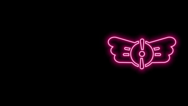 Gloeiende neon lijn Luchtvaart embleem pictogram geïsoleerd op zwarte achtergrond. Militaire en burgerluchtvaart iconen. Flying embleem, adelaar vogel vleugel en gevleugelde frame. 4K Video motion grafische animatie — Stockvideo
