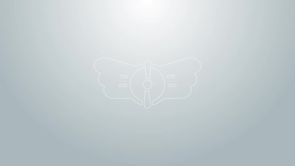 グレーの背景に隔離されたブルーライン航空の紋章アイコン。軍用機と民間航空のアイコン。空飛ぶエンブレム、ワシの鳥の翼と翼のフレーム。4Kビデオモーショングラフィックアニメーション — ストック動画