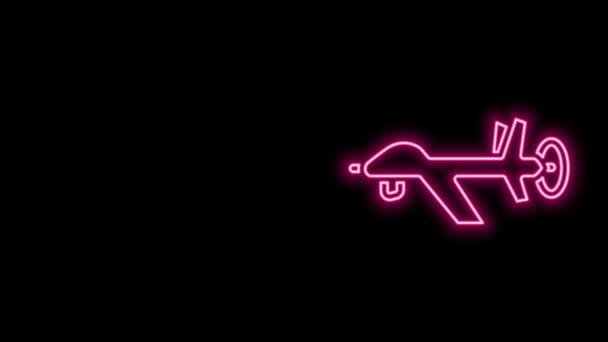 Icona fluorescente al neon linea UAV Drone isolato su sfondo nero. Spia aerea militare senza equipaggio. Animazione grafica 4K Video motion — Video Stock