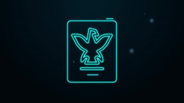 Siyah arkaplanda izole edilmiş biyometrik veri simgesiyle parlayan neon hattı pasaportu. Kimlik belgesi. 4K Video hareketli grafik canlandırması
