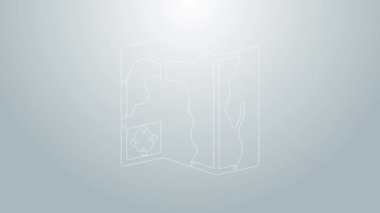 Gri zemin üzerinde uçak simgesi olan mavi çizgi dünya seyahati haritası. 4K Video hareketli grafik canlandırması