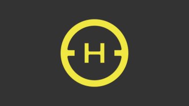 Sarı helikopter iniş pisti simgesi gri arkaplanda izole edildi. Helikopter pisti, alan, platform, H harfi. 4K Video hareketli grafik canlandırması