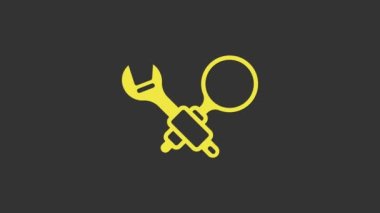 Sarı Hata Ayıklama simgesi gri arkaplanda izole edildi. Hata ayıklama aracı. Böcek programlama için büyüteç. Yazılım deneniyor ve ayarlanıyor. 4K Video hareketli grafik canlandırması