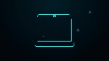 Parlayan neon hattı dizüstü bilgisayar simgesi siyah arkaplanda izole edildi. Boş ekran işaretli bilgisayar defteri. 4K Video hareketli grafik canlandırması