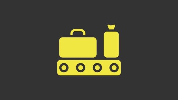 Yellow Airport conveyor belt with passenger luggage, suitcase, bag, baggage icon isolated on grey background. 4K Video motion graphic animation — Stock Video