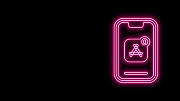 Glowing neon line Mobile Apps icon isolated on black background. Smartphone with screen icons, applications. mobile phone showing screen. 4K Video motion graphic animation — Stock Video