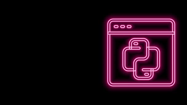 Glowing neon line Python programming language icon isolated on black background. Python coding language sign on browser. Device, programming, developing concept. 4K Video motion graphic animation — Stock Video