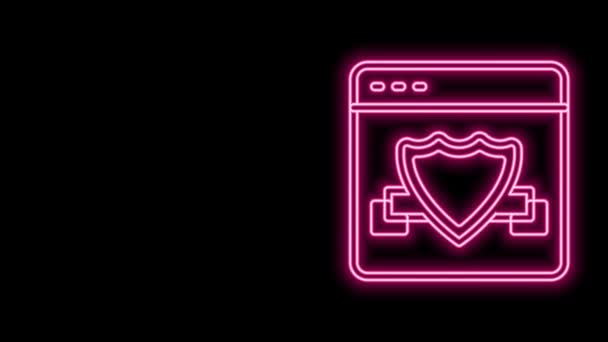 Glowing neon line Browser with shield icon isolated on black background. Security, safety, protection, privacy concept. 4K Video motion graphic animation — Stock Video