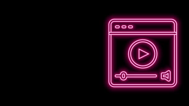 Gloeiende neon lijn Online play video icoon geïsoleerd op zwarte achtergrond. Filmstrip met speelbord. 4K Video motion grafische animatie — Stockvideo