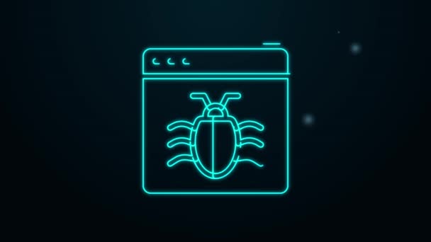 Icono del concepto de error del sistema de línea de neón brillante aislado sobre fondo negro. Concepto de error de código. Error en el sistema. Búsqueda de insectos. Animación gráfica de vídeo 4K — Vídeos de Stock