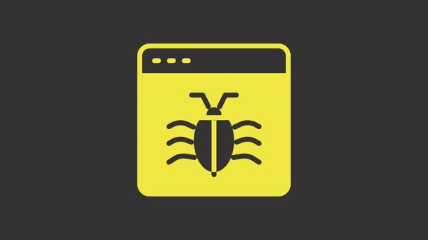 Ícone de conceito de bug do sistema amarelo isolado no fundo cinza. Conceito de bug de código. Bug no sistema. Busca de insectos. Animação gráfica em movimento de vídeo 4K — Vídeo de Stock