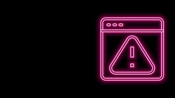 Glowing neon line Browser with exclamation mark icon isolated on black background. Alert message smartphone notification. 4K Video motion graphic animation — Stock Video