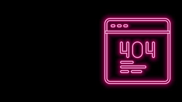 Glowing neon line Page with a 404 error icon isolated on black background. Template reports that the page is not found. 4K Video motion graphic animation — Stock Video