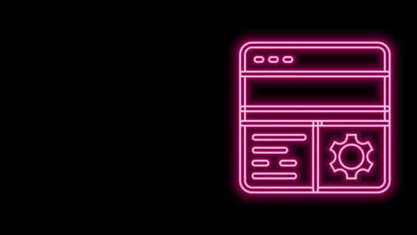 Linha de néon brilhante Ícone de depuração isolado no fundo preto. Ferramenta de depuração. Lupa na programação de bugs. Teste e configuração de software. Animação gráfica em movimento de vídeo 4K — Vídeo de Stock